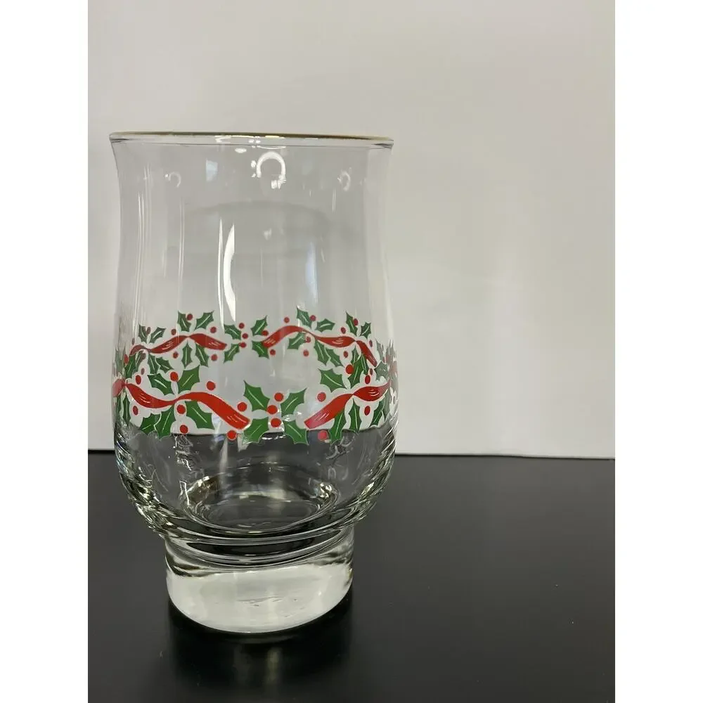 Vintage Libby Christmas Holly & Ribbon Glass With Decorative Gold Rim